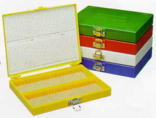 Red ABS Plastic Microscope Slide Storage Box with Foam Cushioning and Nickel-Plated Locking Clasp